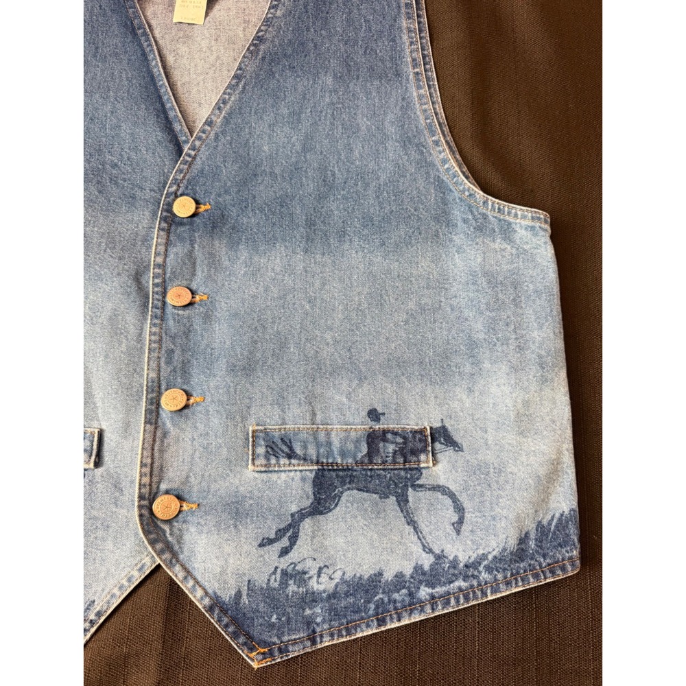 Vintage Vivaldi Jeanswear Denim Vest Women Large Fox Hunt Equestrian Light Wash - Picture 4 of 7
